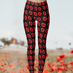 Modern Poppy Flower Pattern Red Black Leggings