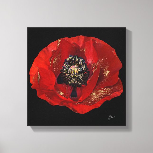 Modern Poppy Glitter Floral Elegant Red and Black Canvas Print (Front)