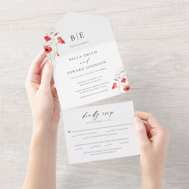 Modern Poppy Red Flowers Monogram Wedding All In One Invitation (Tearaway)
