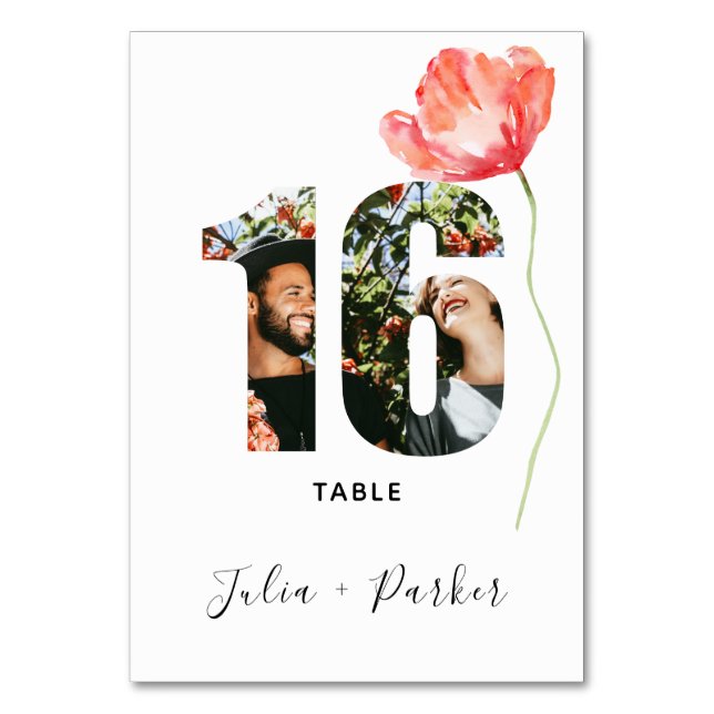 Modern Poppy Red Wedding Table Number 16 (Front)