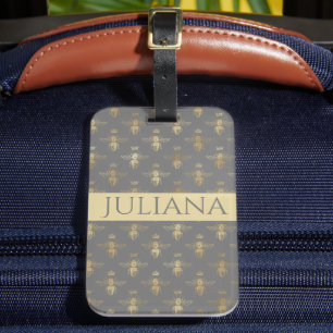 Modern Poppy Seed Grey and Gold Queen Bee Luggage Tag