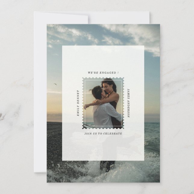 Modern Postage Stamp We're Engaged Engagement Invitation (Front)