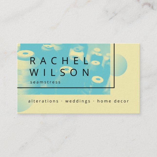 Modern poster duotone blue and yellow seamstress business card (Front)