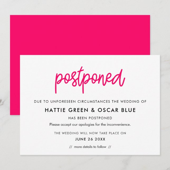 Modern Postponed New Date announcement card (Front/Back)