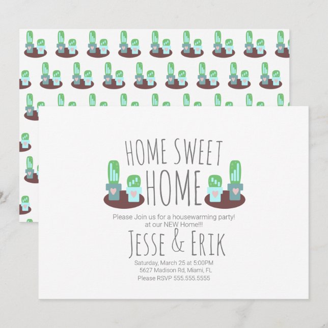 Modern Potted Cactus Greenery Housewarming Party Invitation (Front/Back)