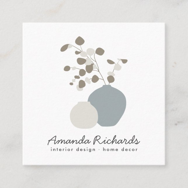 Modern pottery decor plants boho brown soft pastel square business card (Front)