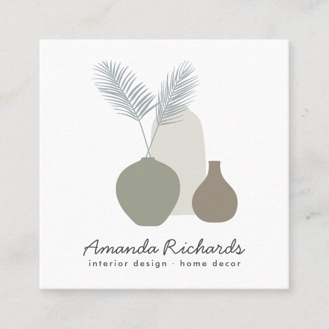Modern pottery decor plants boho green soft pastel square business card (Front)