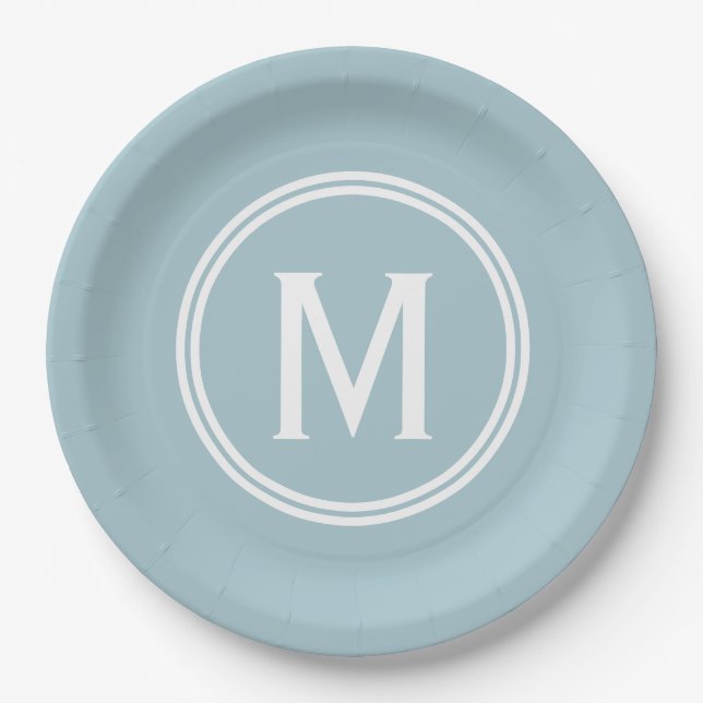 Modern Powder Blue Custom Round Framed Monogram Paper Plate (Front)