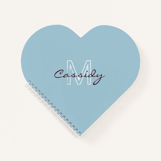 Modern Powder Blue Monogram Heart Shaped Notebook (Front)