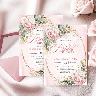 Modern Powder Pink Flowers Gold Bridal Shower Invitation
