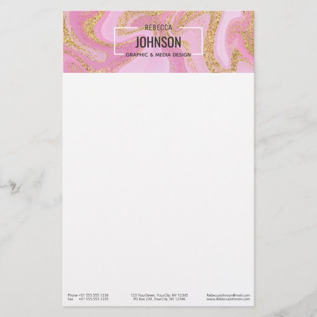 Modern Precious Pink Gold Marble Name - Stationery (Front)