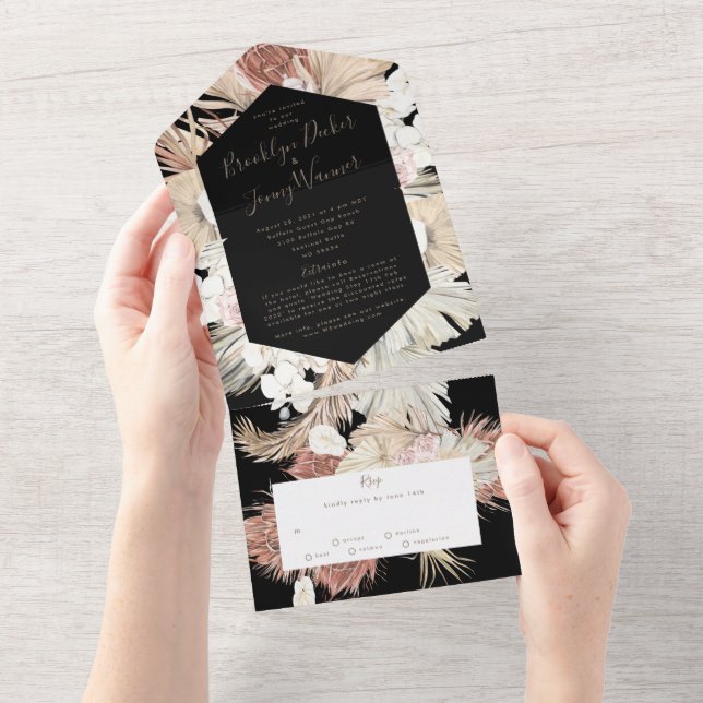 Modern Premium Black on Pampas Boho Desert Wedding All In One Invitation (Tearaway)
