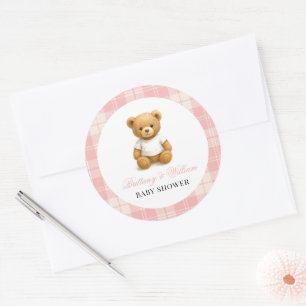 Modern Preppy Bear Pink Plaid Baby Shower Classic Round Sticker