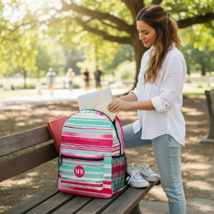 Modern Preppy Cyan Magenta Monogram Printed Backpack