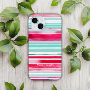 Modern Preppy Cyan Magenta Personalized Name iPhone 15 Case
