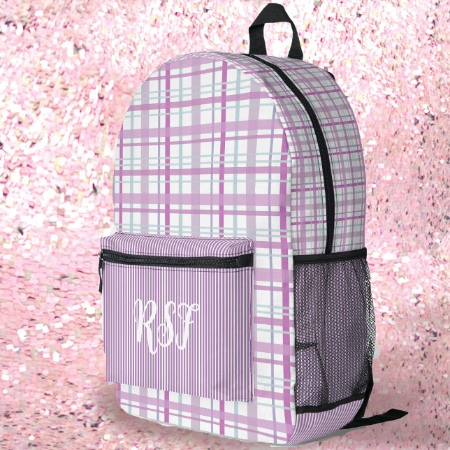 Modern Preppy Lavender Pink Plaid and Stripe Girly Printed Backpack (Creator Uploaded)