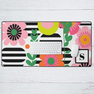 Modern Preppy Pink Colorful Floral Monogram Letter Desk Mat