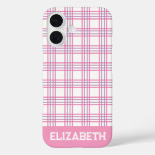 Modern Preppy Plaid Varsity Font Pink Purple  iPhone 16 Case