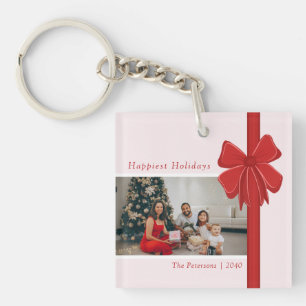 Modern Preppy Red Ribbon Bow Wrap Photo Christmas Keychain