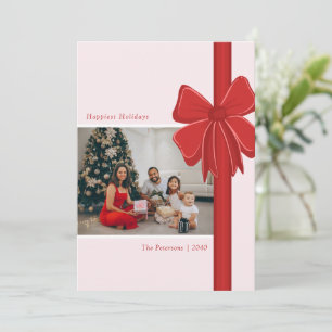 Modern Preppy Red Ribbon Bow Wrapped Photo Holiday Card