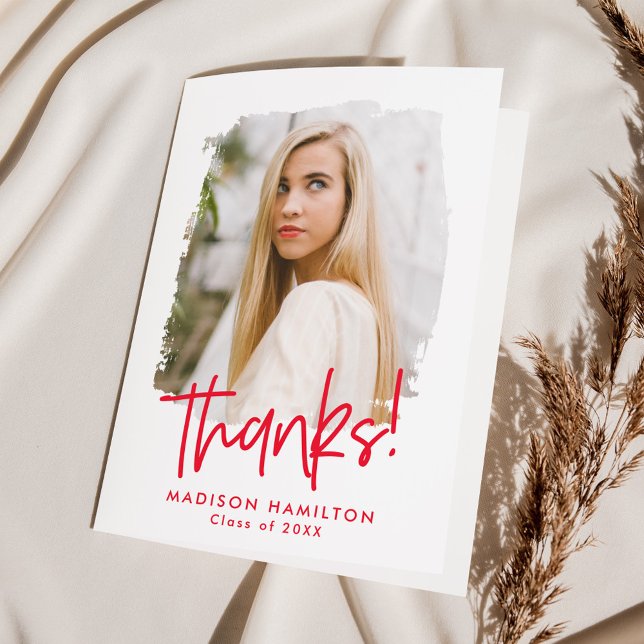 Modern Preppy Red Script Photo Graduation Thank You Card (Creator Uploaded)