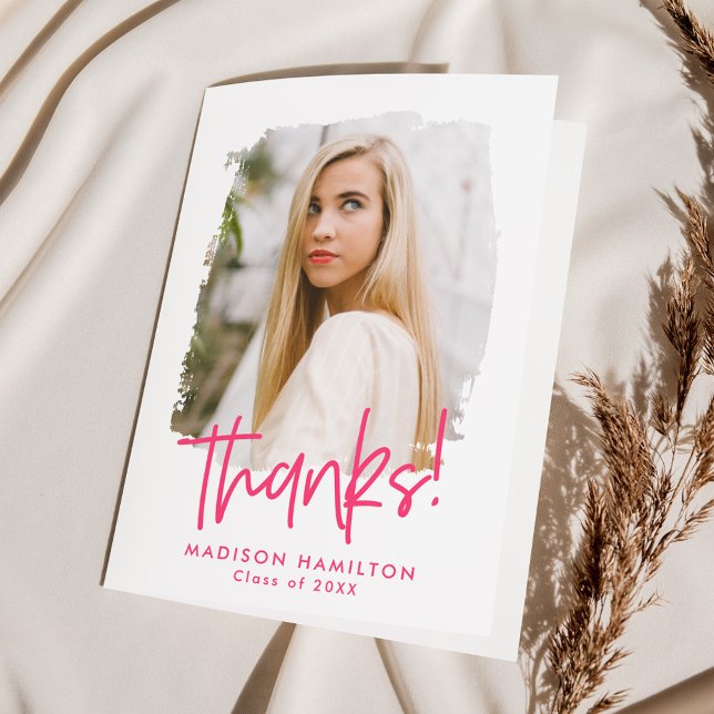 Modern Preppy Script Hot Pink Photo Graduation Thank You Card (Creator Uploaded)