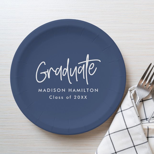 Modern Preppy Script Navy Graduation Paper Plate (Creator Uploaded)