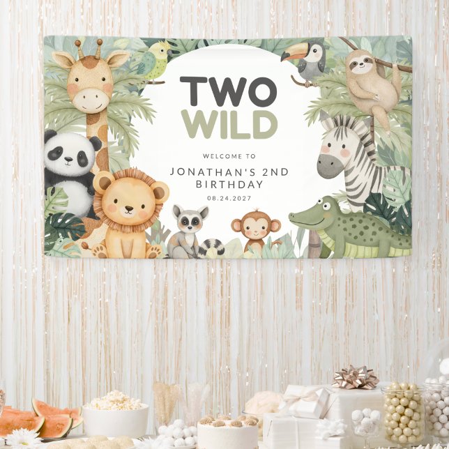 Modern Preppy Two Wild 2nd Birthday Jungle Animals Banner (Creator Uploaded)