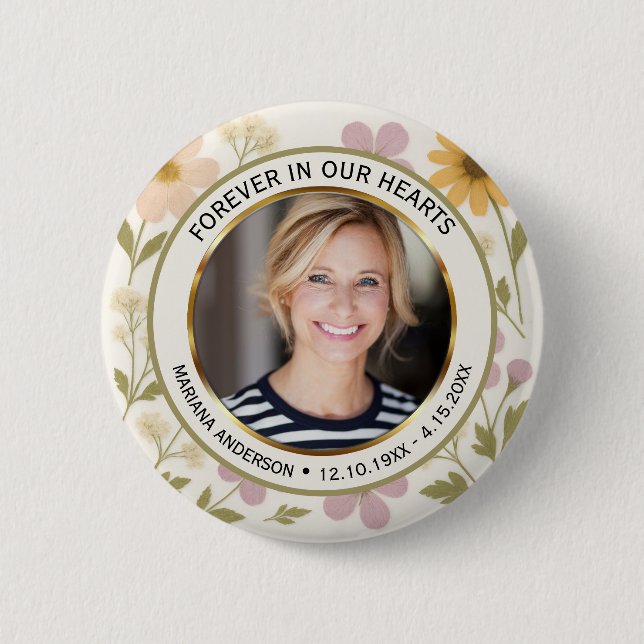 Modern Pressed Flowers Memorial Photo 2 Inch Round Button (Front)