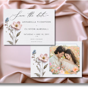 Modern Pressed Pastel Wildflowers Wedding Photo Save The Date