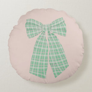 Modern Pretty Blush Gingham Romantic Coquette Bow Round Pillow