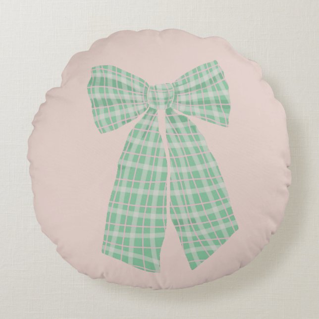 Modern Pretty Blush Gingham Romantic Coquette Bow Round Pillow (Front)
