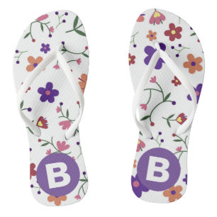 Modern Pretty Colorful Floral Purple Monogram Flip Flops