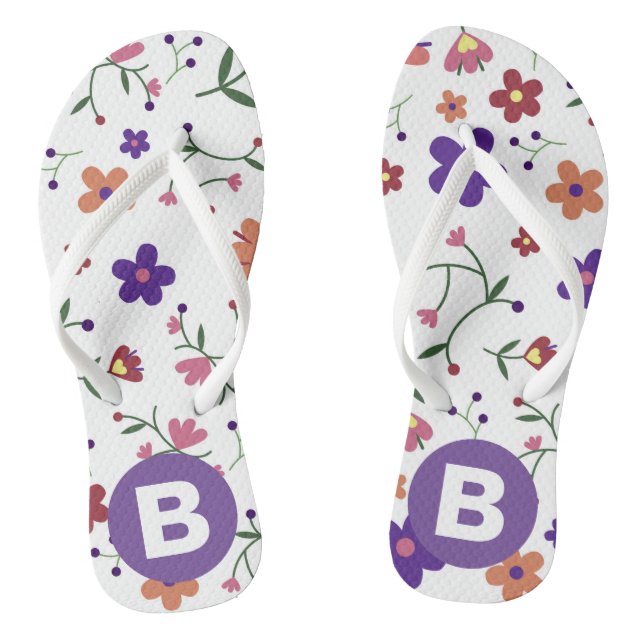 Modern Pretty Colorful Floral Purple Monogram Flip Flops (Footbed)