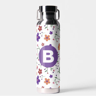 Modern Pretty Colorful Floral Purple Monogram Water Bottle