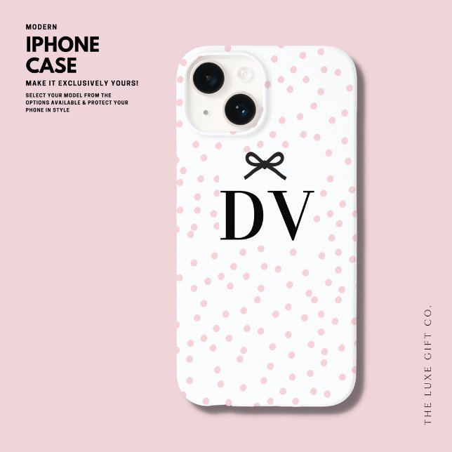 Modern Pretty Cute Pink Polka Dot Bow Monogram Case-Mate iPhone Case (Creator Uploaded)