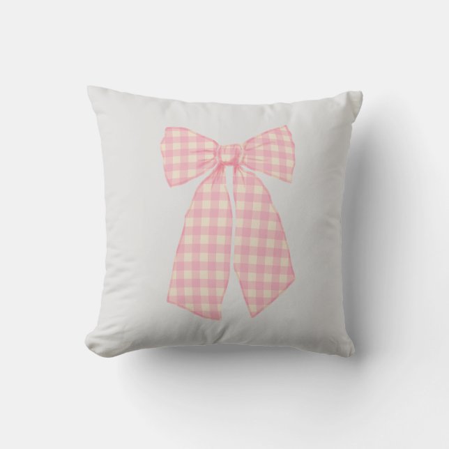 Modern Pretty Pink Gingham Romantic Coquette Bow Throw Pillow (Front)