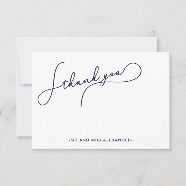 Modern Pretty Script Blue and Faux Gold Thank you Card (Front)