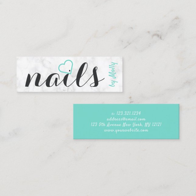 Modern pretty white marble mint black nails mini business card (Front/Back)