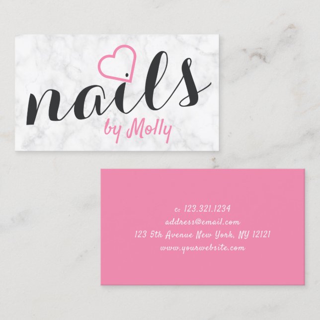 Modern pretty white marble pink black nails business card (Front/Back)