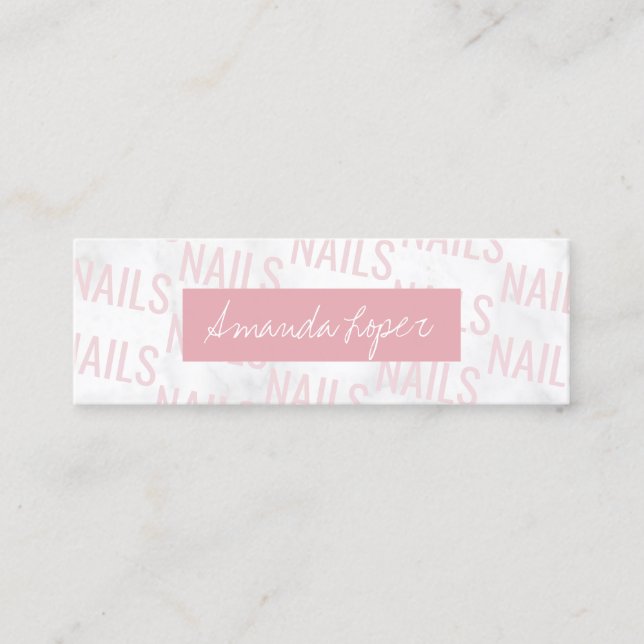 Modern pretty white marble & pink nails mini business card (Front)