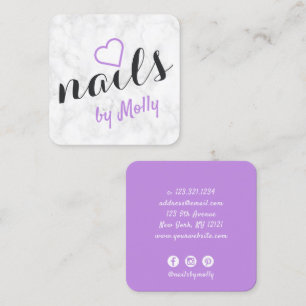 Modern pretty white marble purple black nails square business card