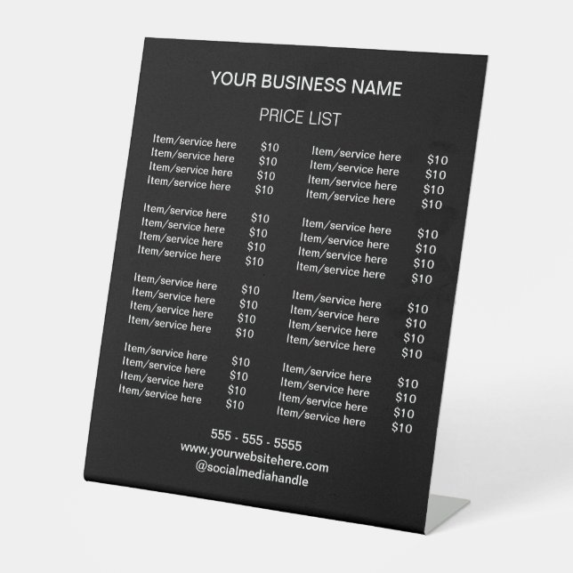 Modern Price List Black White Pedestal Sign (Front)