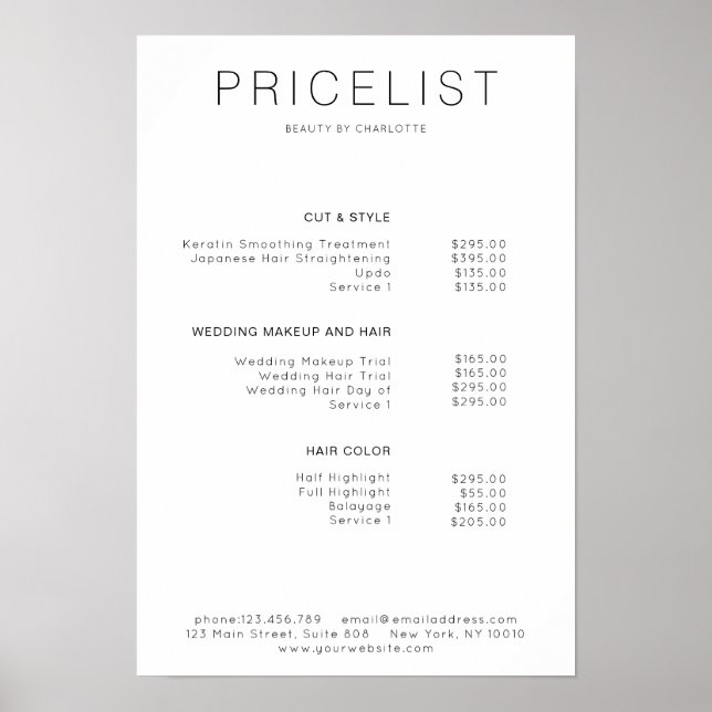 Modern,  price list Poster (Front)
