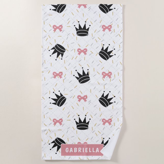 Modern Princess Crown & pink Bows Beach Towel (Front)