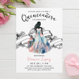 Modern Princess Pink 15th Quinceañera Watercolor Invitation