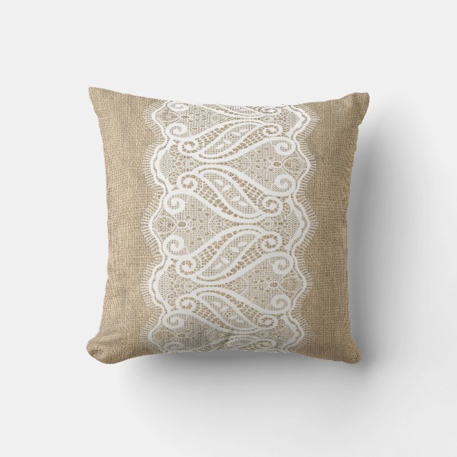 Modern Printed Burlap & Lace Cushion (Front)