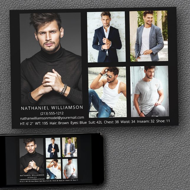 Modern Pro Model 5 Photo Comp Card (Customize to change background color, text size, style or to add more photos to back of card.)