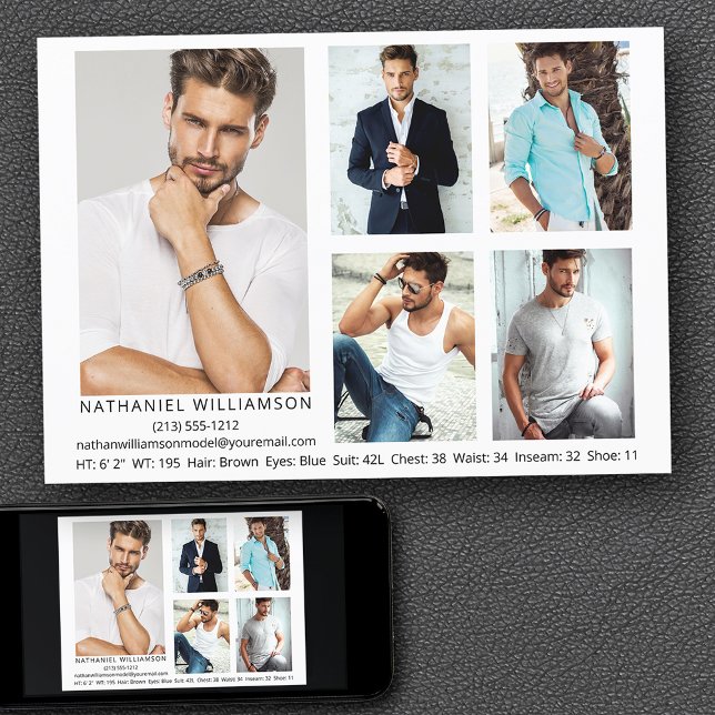 Modern Pro Model 5 Photos Comp Card (Customize to change background color, text size, style or to add more photos to back of card.)