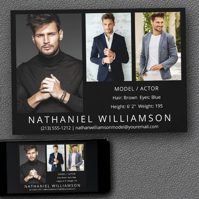 Modern Pro Model Actor 3 Photo Comp Card (Customize to change background color, text size, style or to add more photos to back of card.)